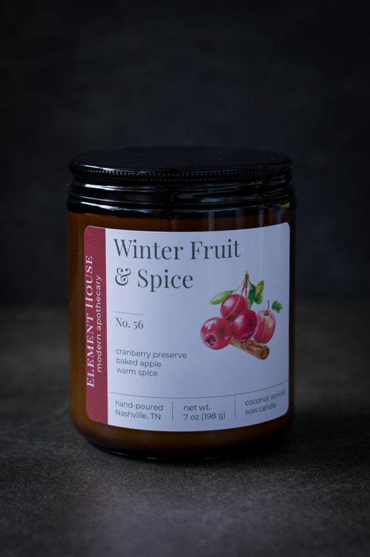 Winter Fruit & Spice candle in an amber glass jar with a black lid, featuring an Element House label with cranberry, apple, and cinnamon illustrations, photographed against a dark background.